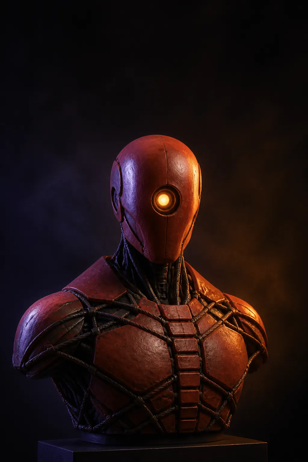 GymBot (CCH-02) — a coral-red bust with an amber aperture and braided tension cables across the chest