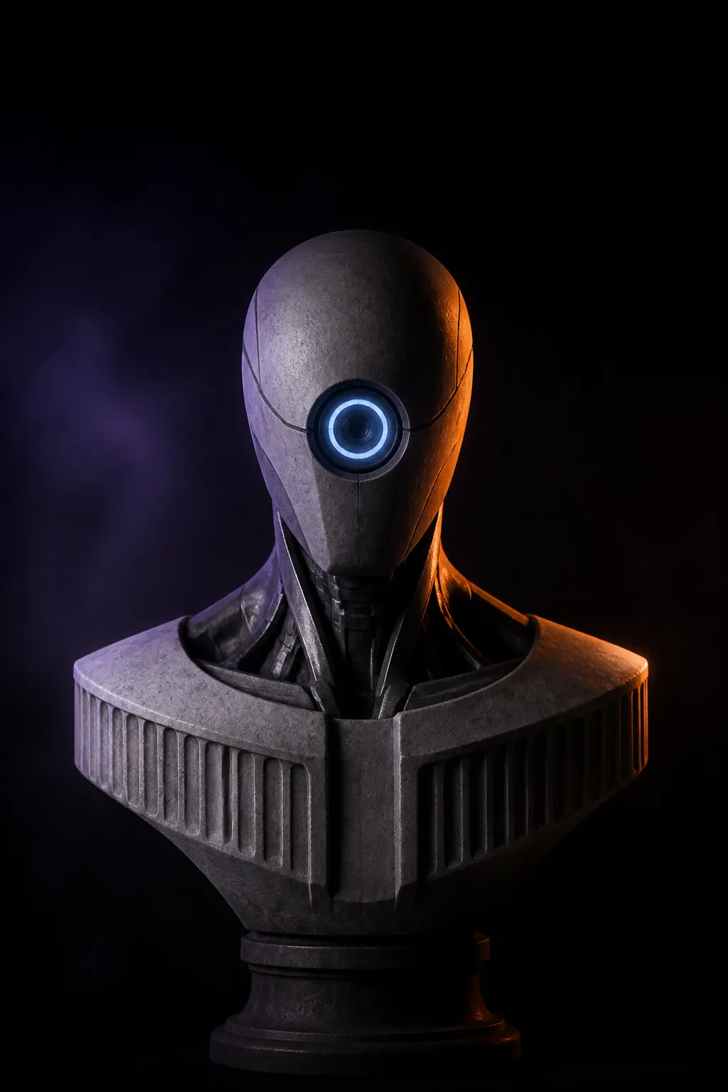 LawBot (LAW-02) — a slate-grey stone-like bust with a steel-blue aperture and a fluted shoulder yoke