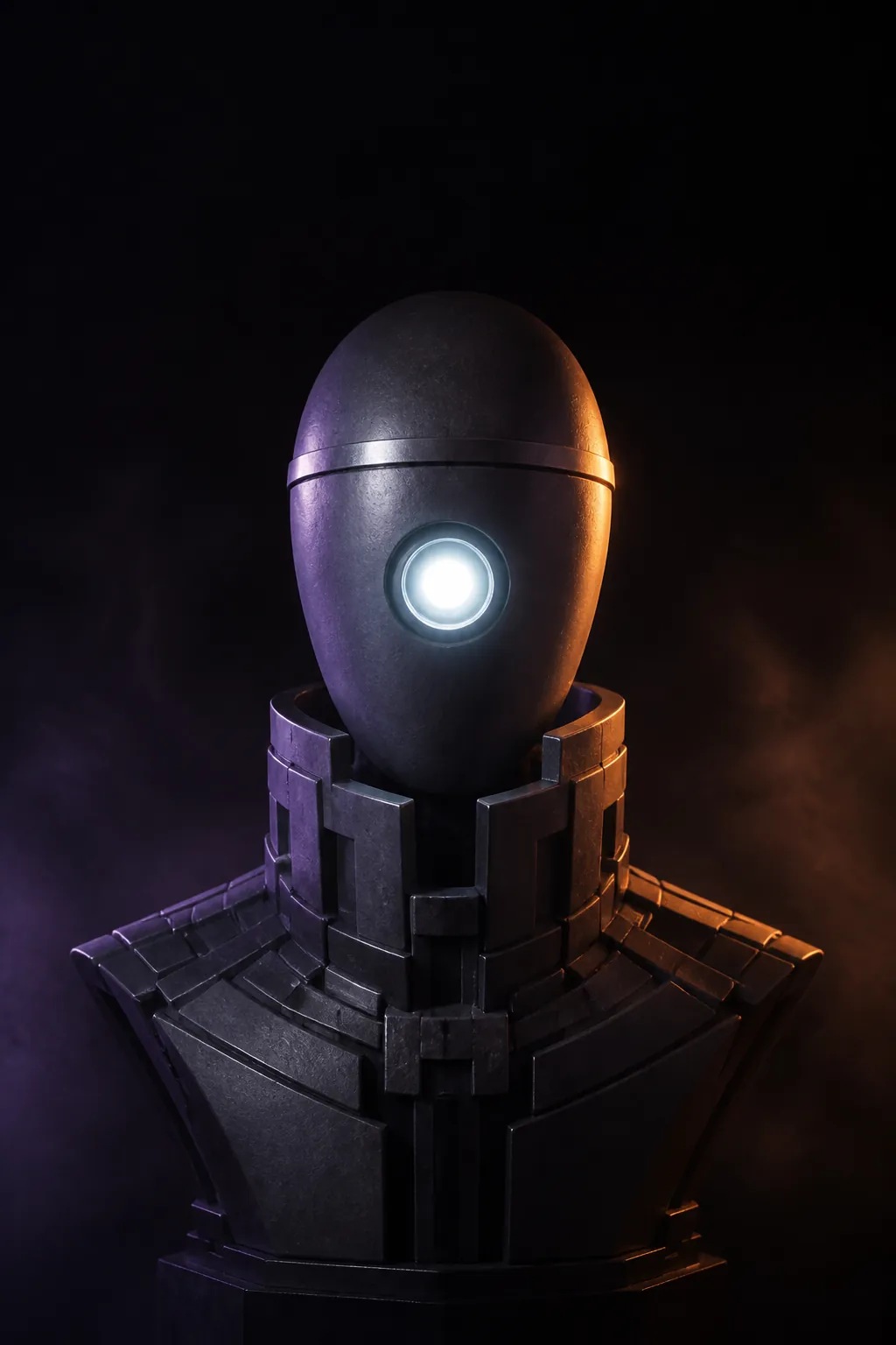German Law Bot (LAW-DE) — a graphite bust with a cool white aperture and a machined interlocking collar