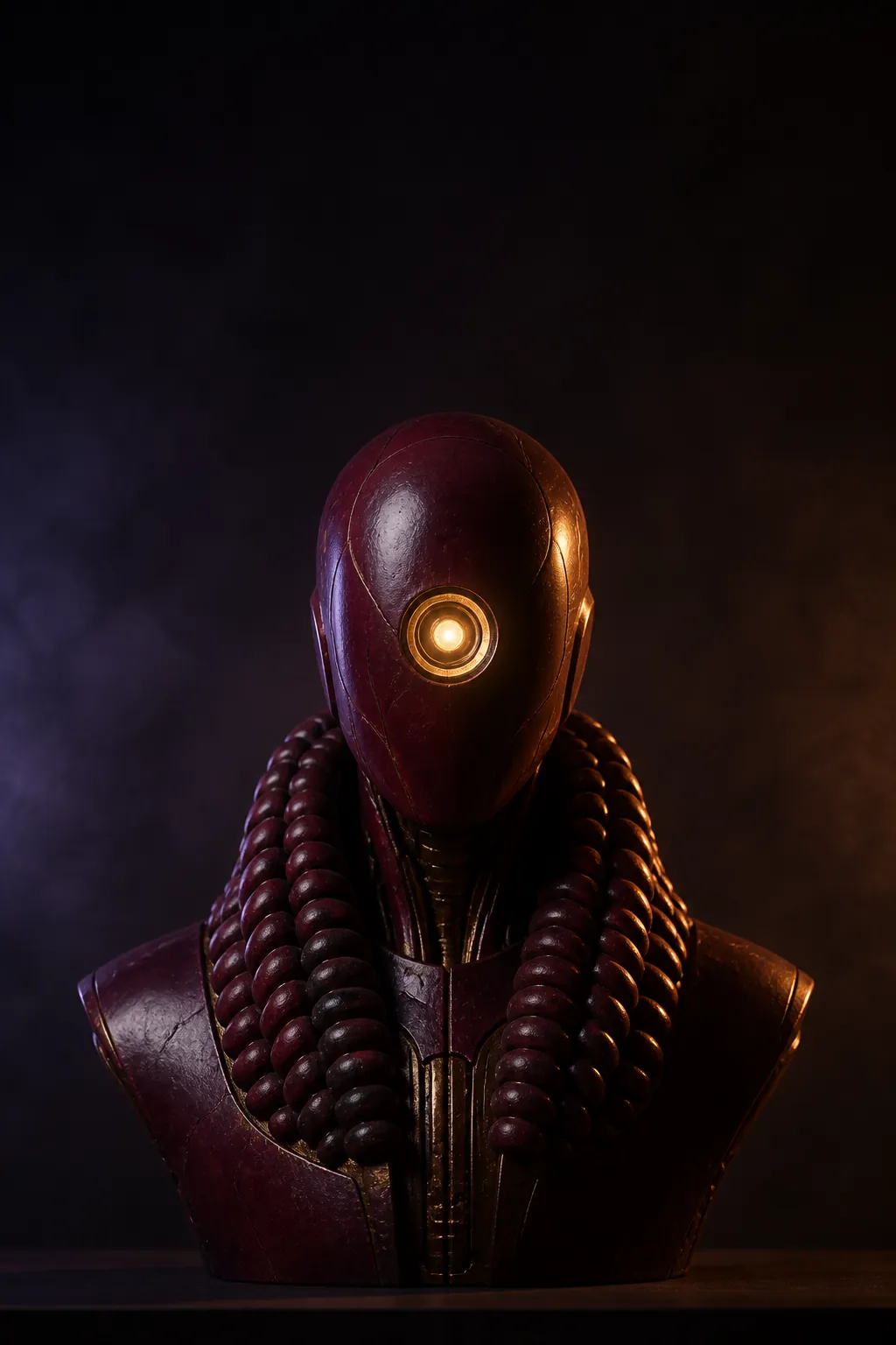 UK Law Bot (LAW-UK) — an oxblood bust with a warm gold aperture and a heavy coiled collar