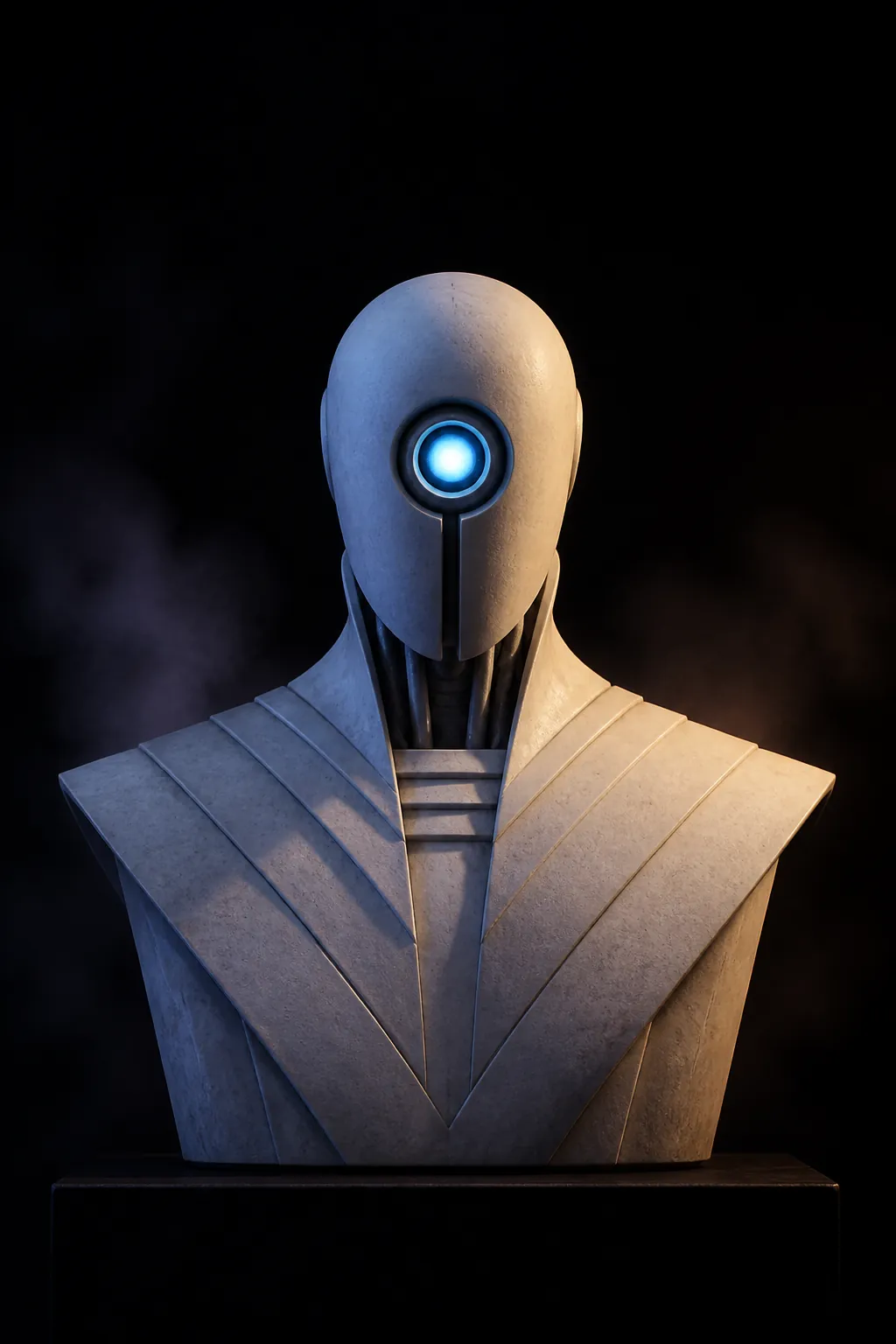US Law Bot (LAW-US) — a limestone-white bust with a cool blue aperture and a wide banded shoulder mantle