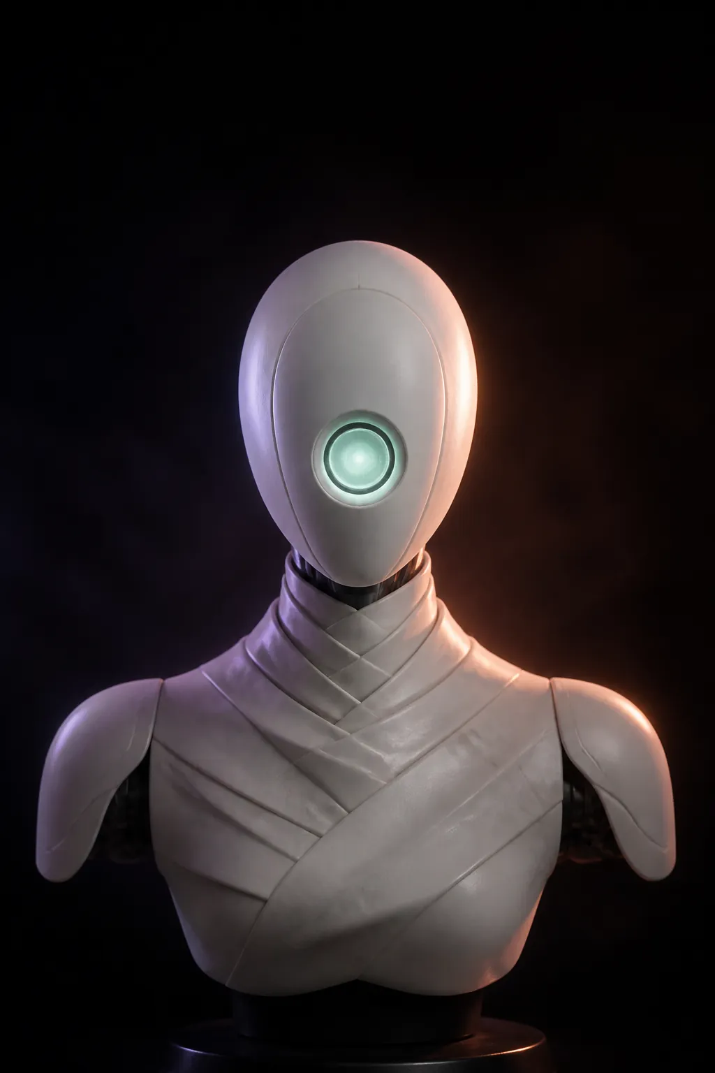 MedBot (MED-02) — a clinical white ceramic bust with a mint-green aperture and a folded collar