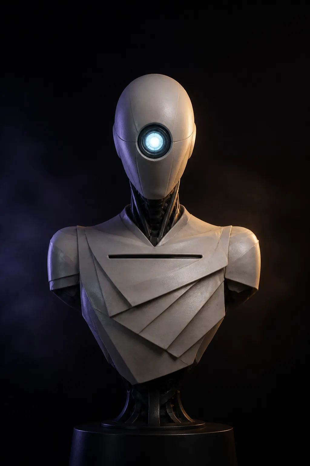 MailBot (PRD-02) — a dove-grey bust with a soft blue aperture and folded planes stacked like envelopes