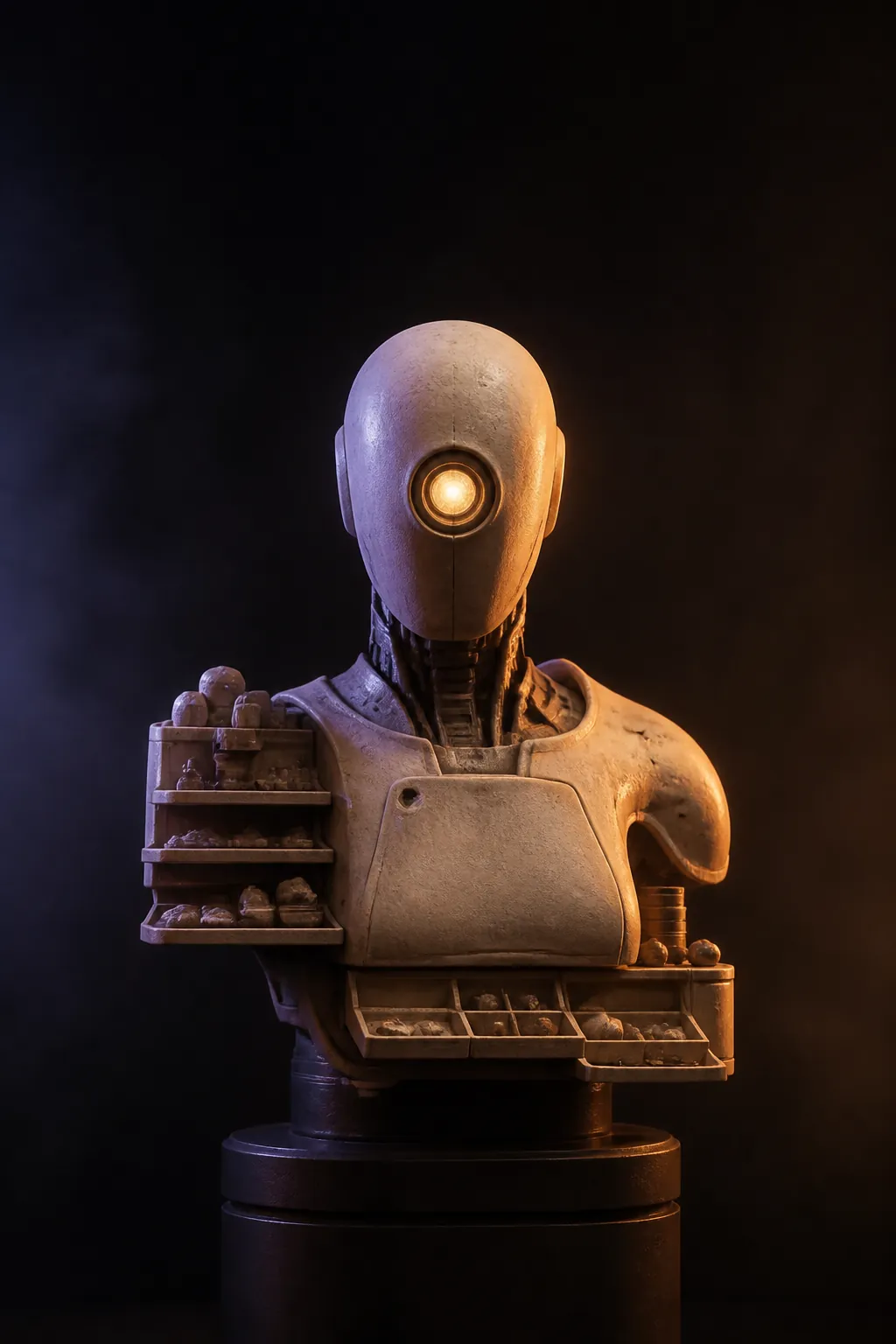 ShopBot (SAL-02) — a sand-beige bust with a golden aperture and stacked modular shoulder trays